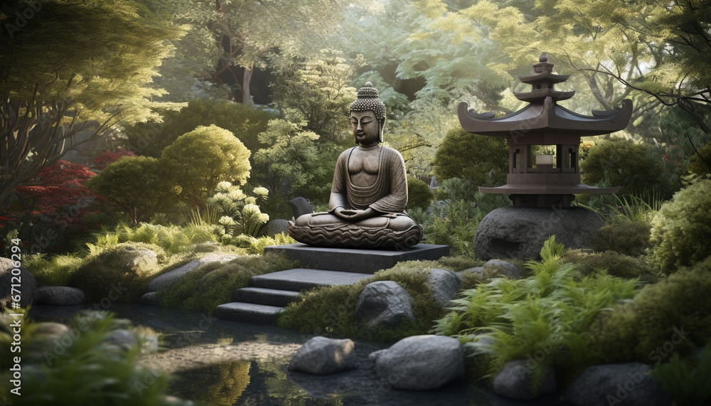 Sitting statue meditates in tranquil scene, surrounded by nature balance generated by AI