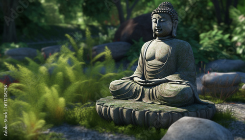 Sitting statue meditates in lotus position  surrounded by tranquil nature generated by AI