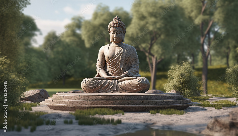 Tranquil Buddha statue meditating in lotus position amidst nature harmony generated by AI Tranquil Buddha statue meditating in lotus position amidst nature harmony generated by AI