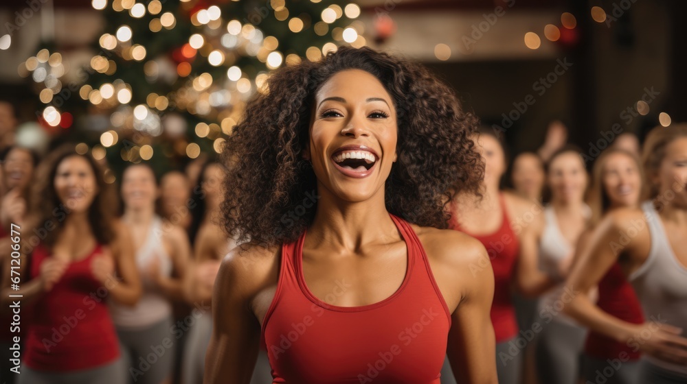 Fitness instructor leading New Years workout in holiday-themed activewear 