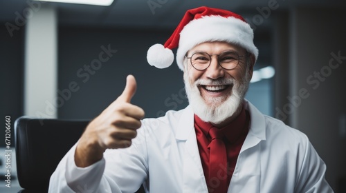 Dentist in New Years gear conducting holiday check-up with cheer 