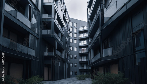 Futuristic skyscraper facade reflects city life in monochrome pattern generated by AI