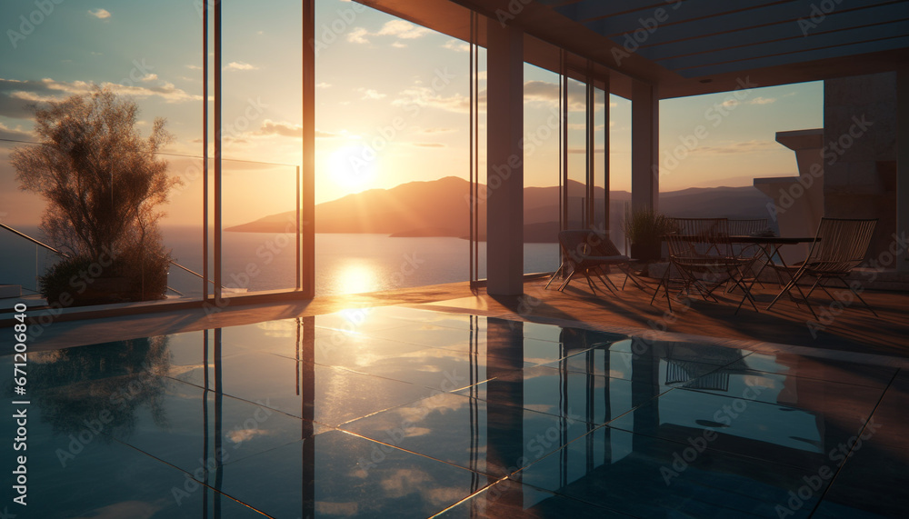 Fototapeta premium Silhouette of modern architecture reflects tranquil sunset through glass window generated by AI