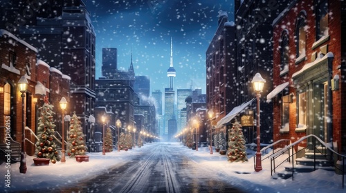 Snowy Night in the City: enchanting winter beauty of urban landscapes under a blanket of snow.