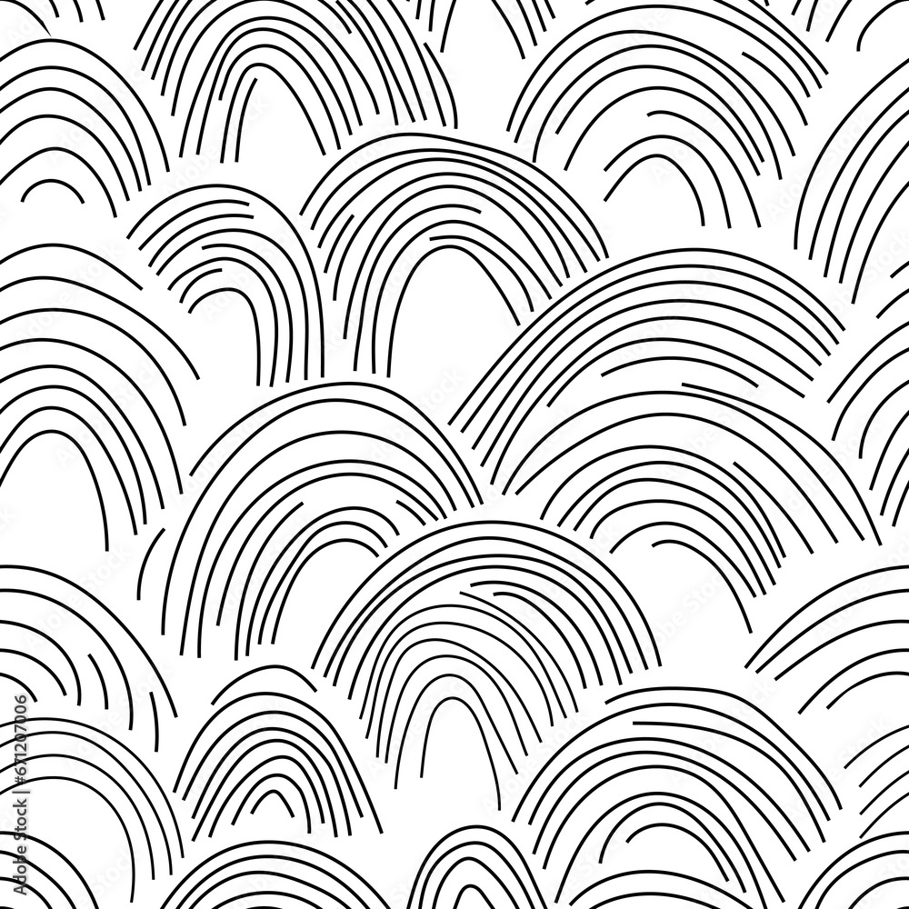 Obraz premium Abstract pattern with black-white lines. Geometric vector seamless pattern with wavy lines. Hand drawn black ink illustration. Modern design, graphic texture.