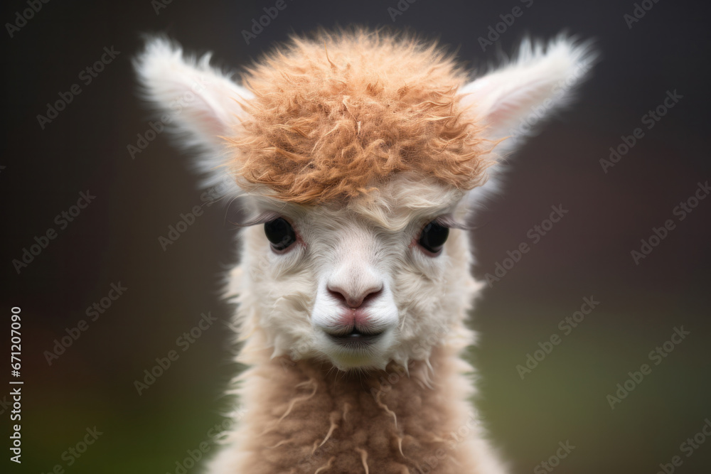 A baby alpaca with fluffy fur, focus on the fur and eyes