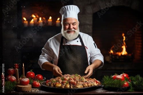 Chef cooking holiday dinner in New Years attire background with empty space for text 