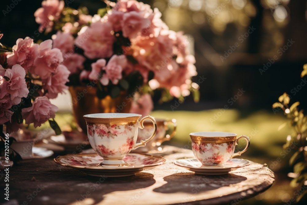 A garden scene set with a vibrant tea party setup, complete with vintage china, lush florals, and a touch of aesthetic. Generative Ai A garden scene set with a vibrant tea party setup, complete with vintage china, lush florals, and a touch of aesthetic. Generative Ai