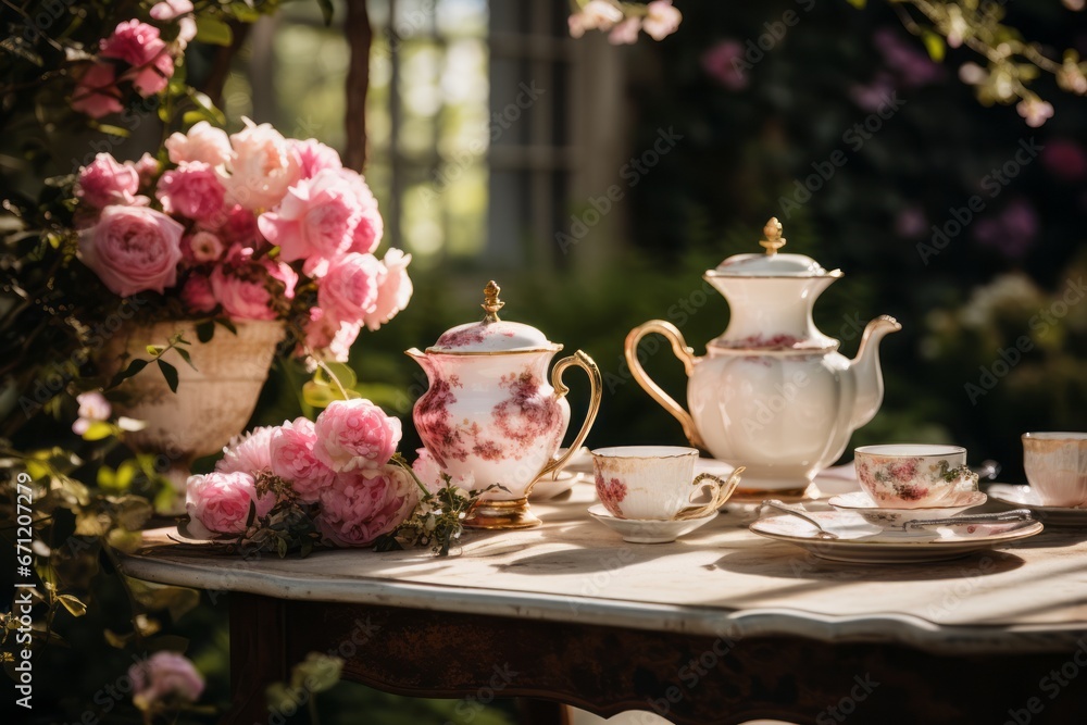 A garden scene set with a vibrant tea party setup, complete with vintage china, lush florals, and a touch of aesthetic. Generative Ai A garden scene set with a vibrant tea party setup, complete with vintage china, lush florals, and a touch of aesthetic. Generative Ai