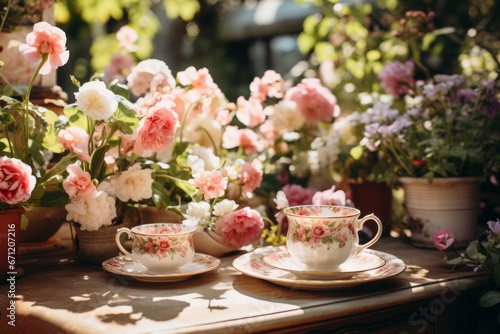 A garden scene set with a vibrant tea party setup, complete with vintage china, lush florals, and a touch of aesthetic. Generative Ai