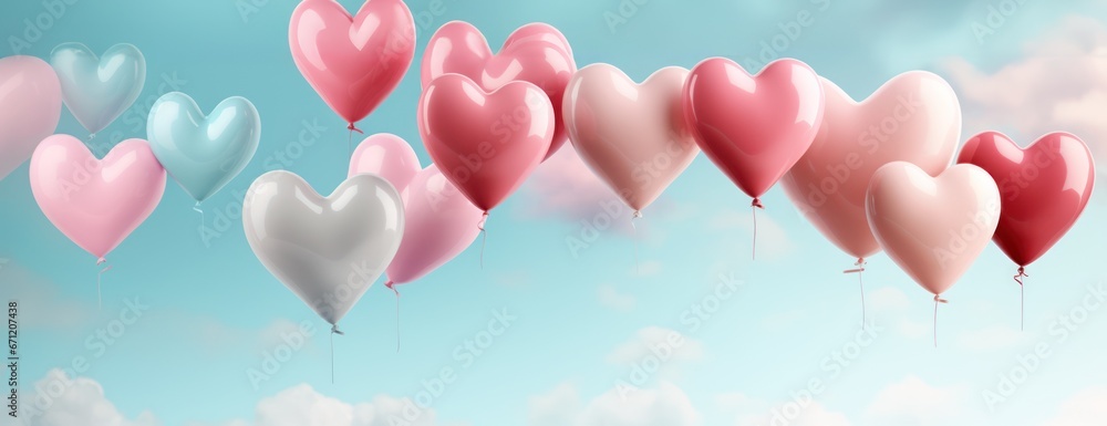 Heart shape balloons flying on blue sky. Valentines day banner. Pastel color ballons in the air