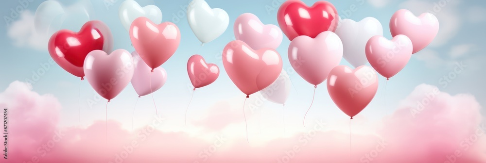 Heart shape balloons flying on blue sky. Valentines day banner. Pastel color ballons in the air