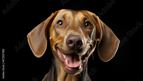 Happy dog ​​looks at the camera and shows intimate bonding against a black background. © senadesign