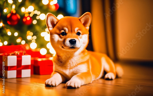 Shiba Inu Puppy Sitting by Christmas Tree in Holiday Home
