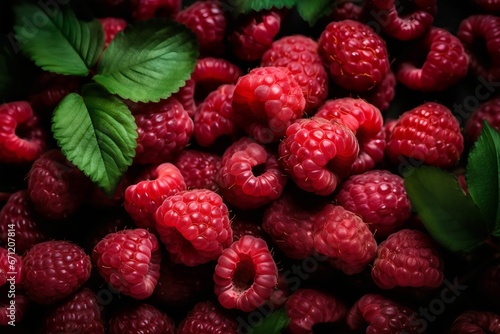 Raspberry background. Close up of fresh red raspberries.  Generative AI.