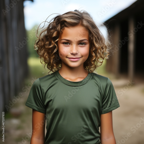 portrait of a girl in a green t shirt smiling 