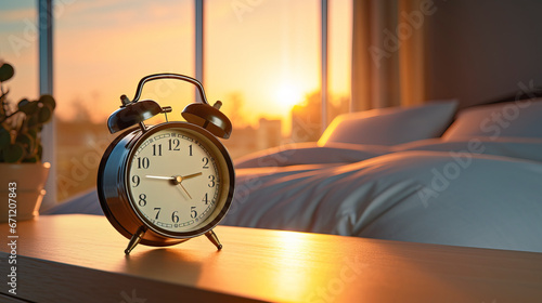 Alarm clock on the bedside table in the bedroom. Generation AI