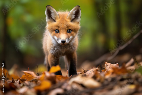 A baby fox exploring, focus on the fur and curiosity © Nino Lavrenkova