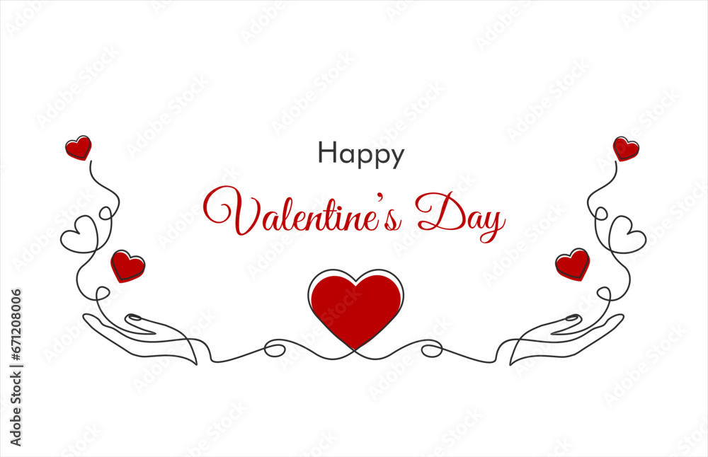 Hand drawn one line vector.Continuous one line drawing hand holding heart. Concept of valentine's day. Thin flourish and romantic symbols in simple linear style.