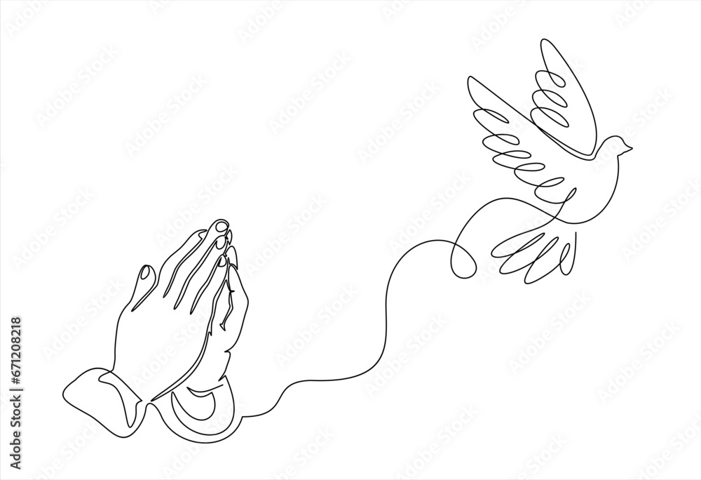 Fototapeta premium Continuous single one line drawing of Two Hands Pressed Together in Prayer Position and Flying Dove. Pray for peace. Action for Prayer, Gratitude, Greeting and Thankful Isolated on White Background