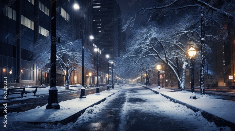Snowy Night in the City: enchanting winter beauty of urban landscapes under a blanket of snow. Snowy Night in the City: enchanting winter beauty of urban landscapes under a blanket of snow.