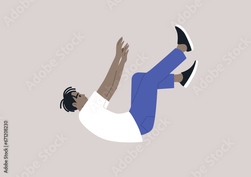 A young character plummeting in a free fall, feeling hopeless and apathetic, descending to a rock bottom