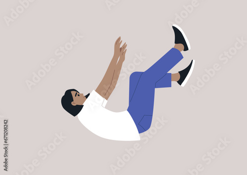 A young character plummeting in a free fall, feeling hopeless and apathetic, descending to a rock bottom