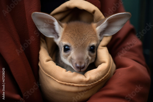 A baby kangaroo in a pouch