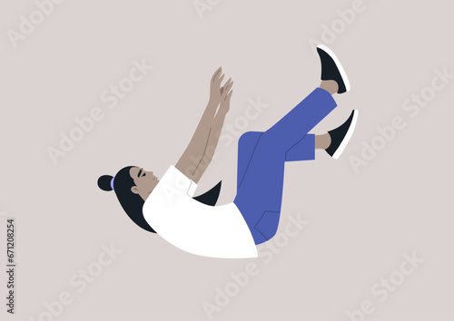 A young character plummeting in a free fall, feeling hopeless and apathetic, descending to a rock bottom