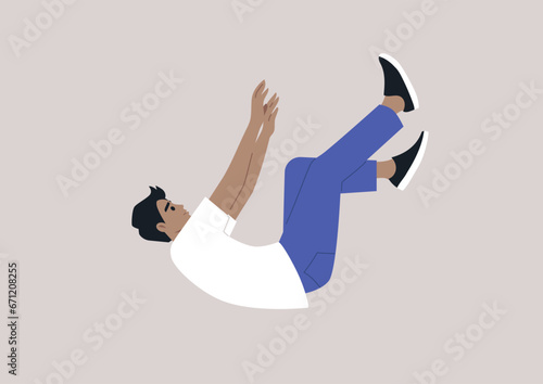 A young character plummeting in a free fall, feeling hopeless and apathetic, descending to a rock bottom
