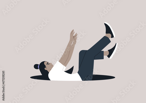 A young character descending in a free fall into a dark abyss, overwhelmed by hopelessness and apathy, battling a mental health issue