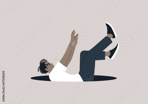 A young character descending in a free fall into a dark abyss, overwhelmed by hopelessness and apathy, battling a mental health issue