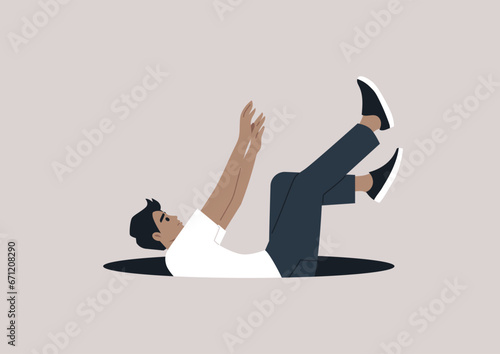 A young character descending in a free fall into a dark abyss, overwhelmed by hopelessness and apathy, battling a mental health issue