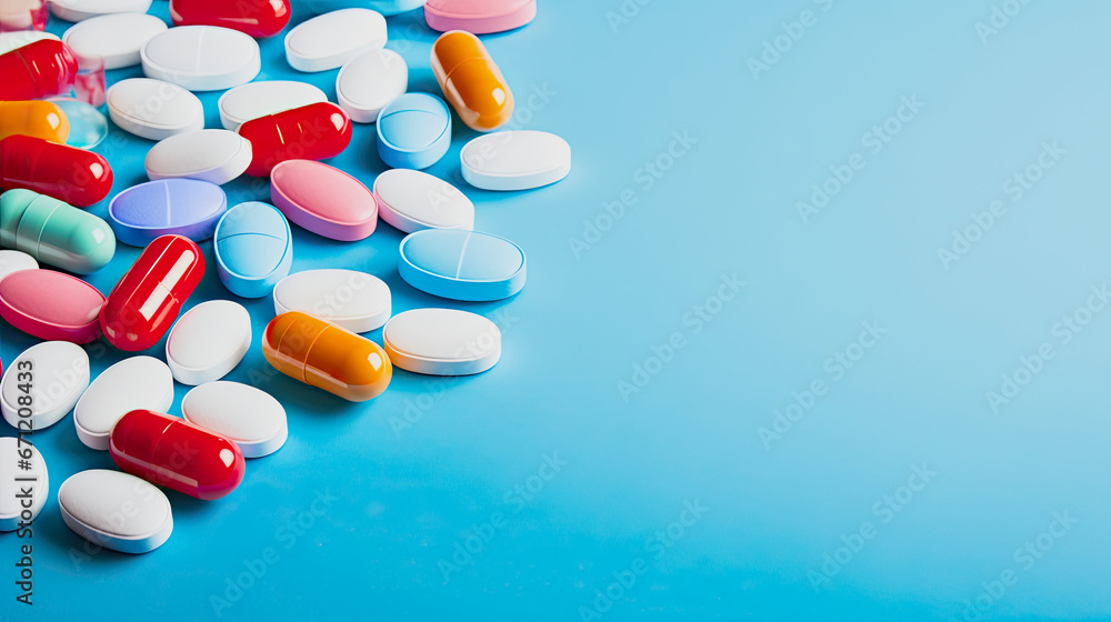 illustration of different colored medicine pills against blue background illustration of different colored medicine pills against blue background