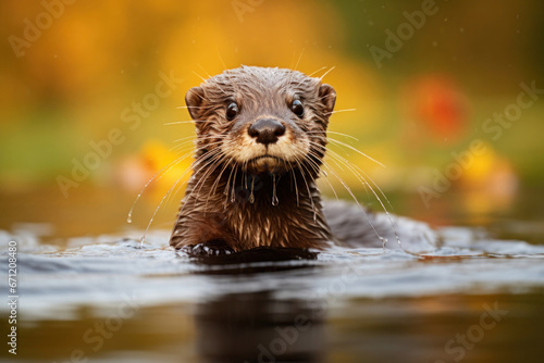 A baby otter floating on water, focus on the fur and posture