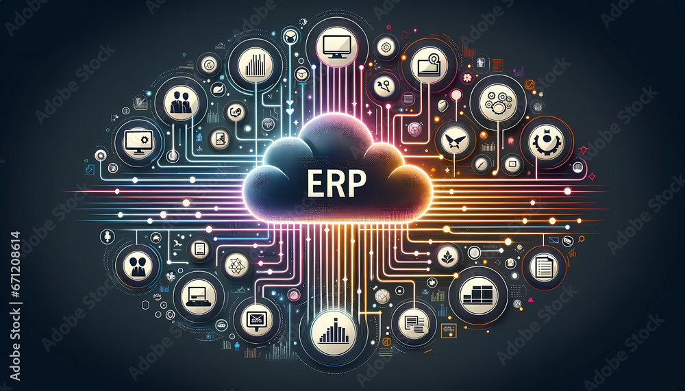 ERP Creative Illustration, ERP Cloud, Enterprise Resource Planning, Modern ERP Architecture, ERP Creative Ad, ERP High Quality Resolution