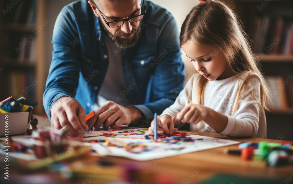 A parent helping a child with a school project at home A parent helping a child with a school project at home