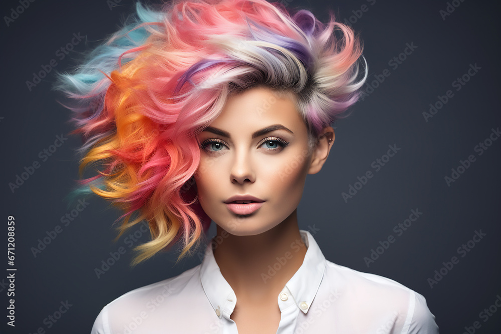 Portrait of a beautiful girl with rainbow neon asymmetric hair style on gray background. Portrait of a beautiful girl with rainbow neon asymmetric hair style on gray background.