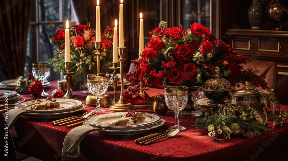 gorgeous table setting for a banket at a wedding or chrismas dinner 