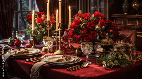 gorgeous table setting for a banket at a wedding or chrismas dinner 