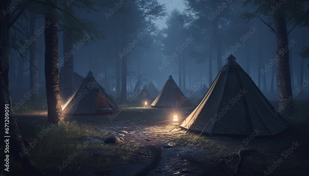 Night camping adventure in spooky wilderness area with campfire flame generated by AI Night camping adventure in spooky wilderness area with campfire flame generated by AI
