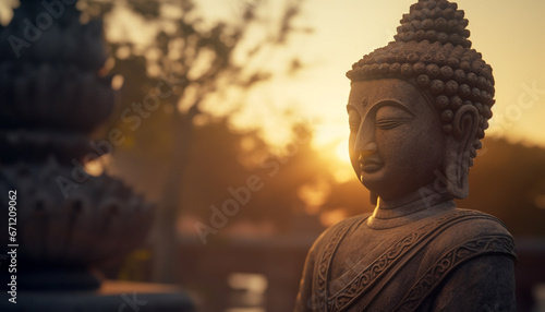Meditating statue in tranquil sunset, ancient architecture of East Asian culture generated by AI