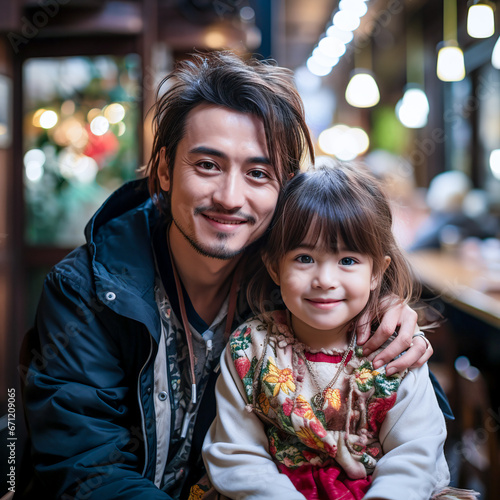 asian father with his daughter smile in the camera