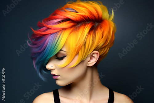 Portrait of a beautiful girl with rainbow neon asymmetric hair style on gray background.