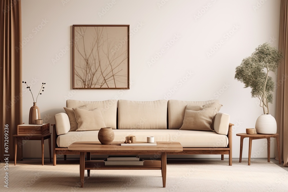 a scandinavian living room held in beige and brown colors - interior design concept a scandinavian living room held in beige and brown colors - interior design concept