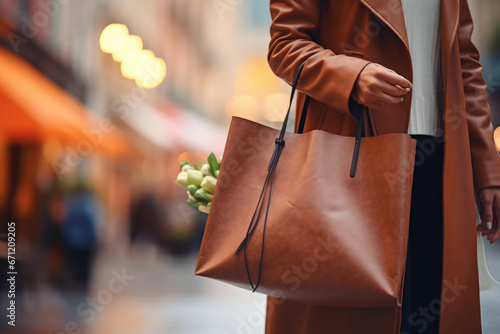 A woman in a brown coat carrying a brown bag. Perfect for illustrating daily life or fashion concepts
