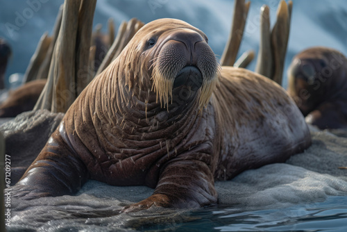 A baby walrus with its tusks just coming in, focus on the tusks and fur