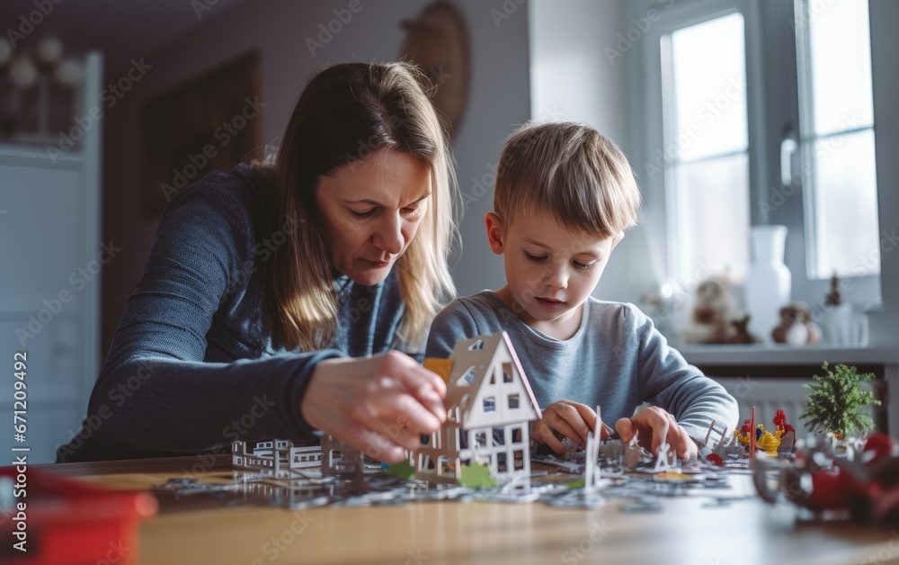 A parent helping a child with a school project at home A parent helping a child with a school project at home