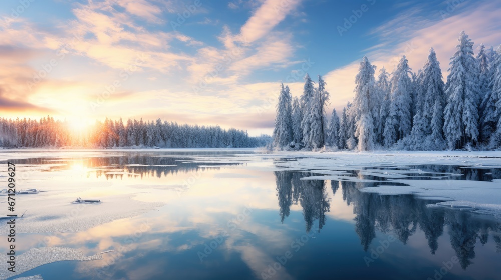 Frozen Lake Serenity: Picturesque views of winter's charm as mirrored by crystal clear, snow-blanketed lakes.