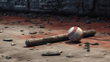 Playing baseball with old equipment on a dirty infield field generated by AI